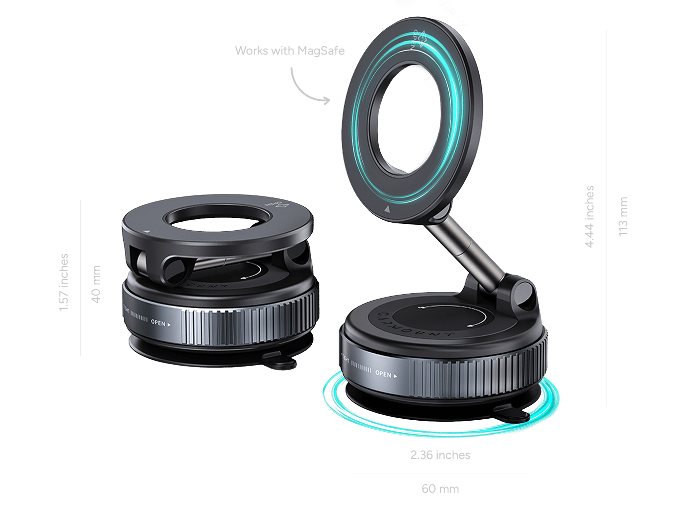 Paradigma mount — dimensions: 60 mm diameter, 40 mm folded, 113 mm deployed